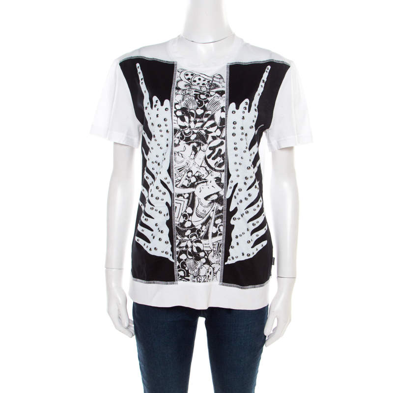 Pre Owned Just Cavalli Black and White Printed Studded Crew Neck T-Shirt L