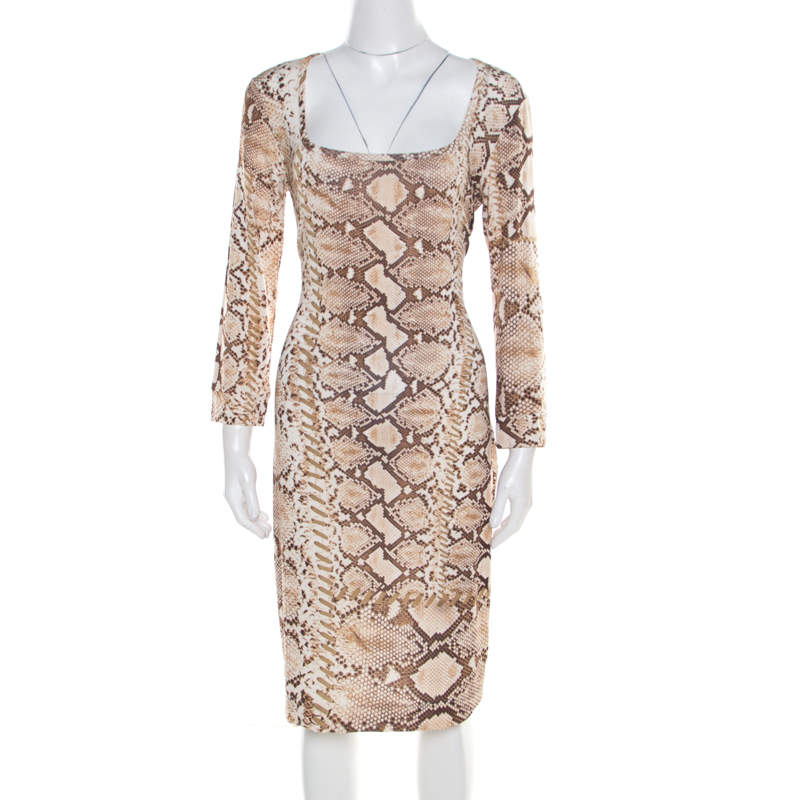 Pre Owned Just Cavalli Brown and Beige Python Scale Printed Jersey Dress XL