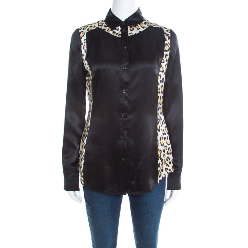 Pre Owned Just Cavalli Black Satin Animal Print Paneled Long Sleeve Shirt M