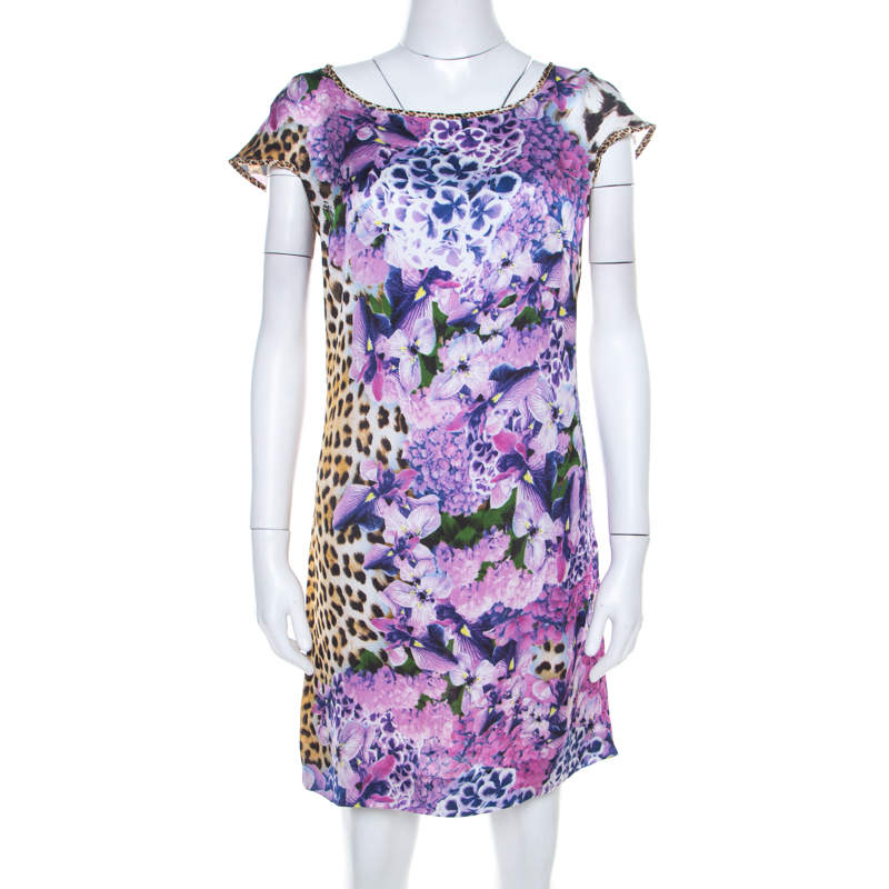 Pre Owned Just Cavalli Multicolor Leopard and Floral Print Cap Sleeve Shift DressM