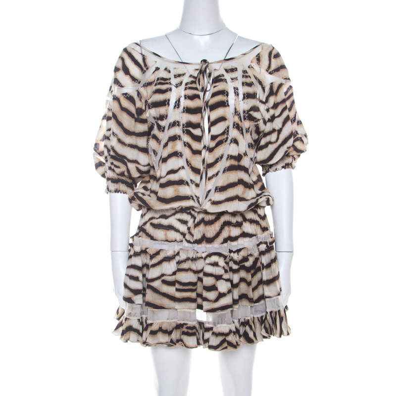 Just Cavalli Tiger Stripe Print Mesh Insert Smocked Waist Dress S