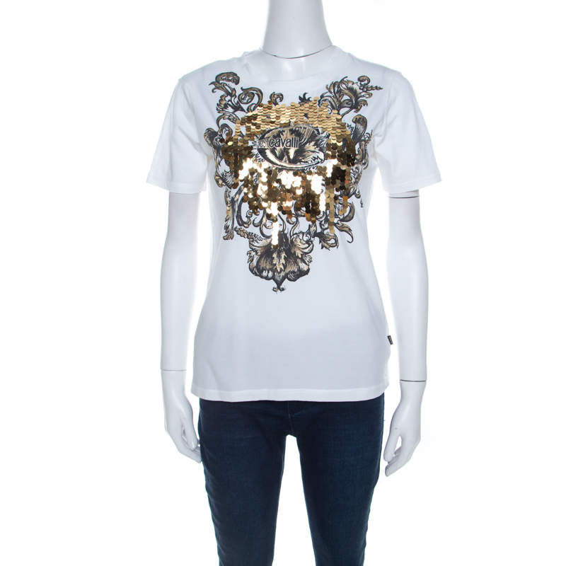 Pre Owned Just Cavalli White Cotton Jersey Sequin Paillette Embellished T-Shirt M