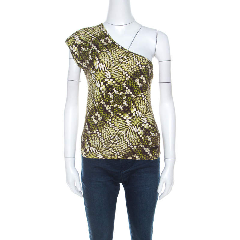 Pre Owned Just Cavalli Green Cotton Animal Print One Shoulder Top M