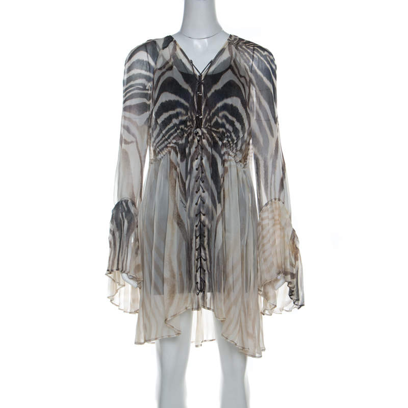 Pre Owned Just Cavalli Cream and Grey Tiger Printed Silk Tie Front Sheer Dress L 