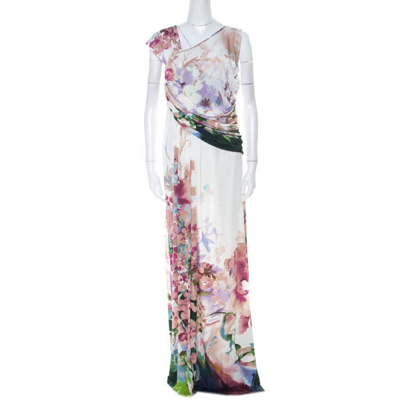 Pre Owned Just Cavalli Multicolor Floral Print Jersey Draped Maxi Dress L