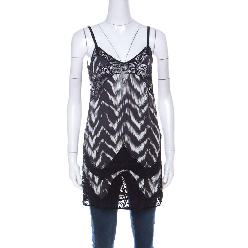Pre Owned Just Cavalli Black & White Chevron Print Lace Trim Long Camisole Top S