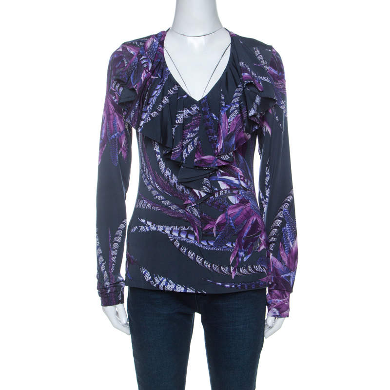 مملوكة مسبقًا Just Cavalli Navy Blue & Purple Printed Stretch Ruffle Collar Detail Top M