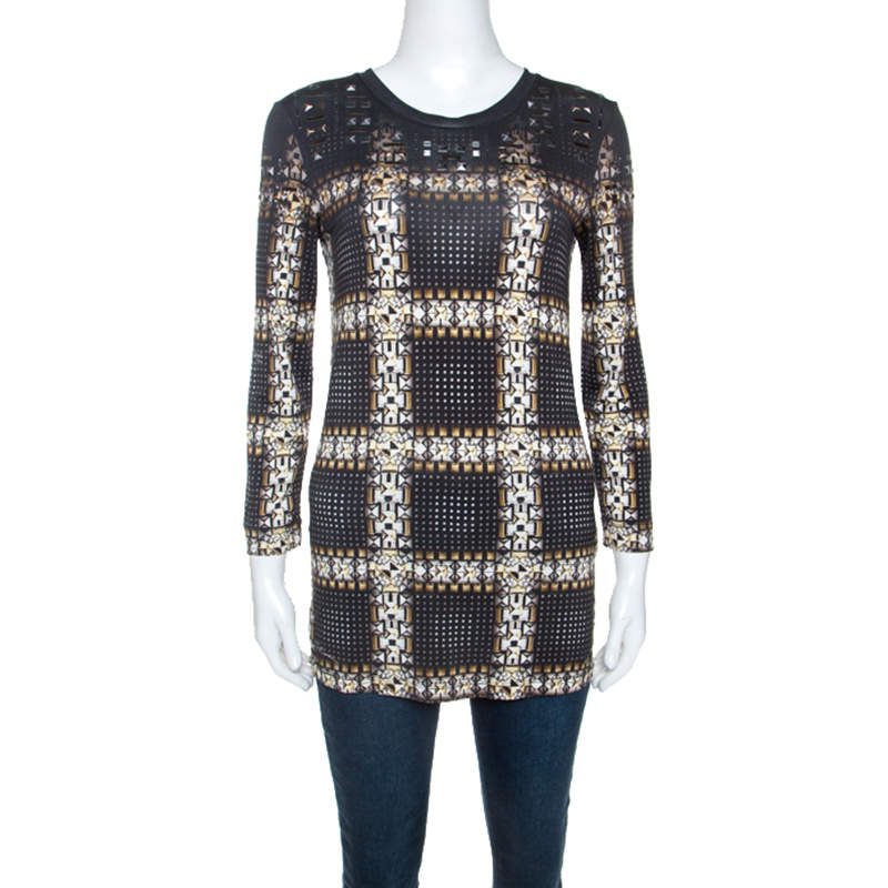Pre Owned Just Cavalli Black Printed Knit Stud Embellished Long Sleeve Top M
