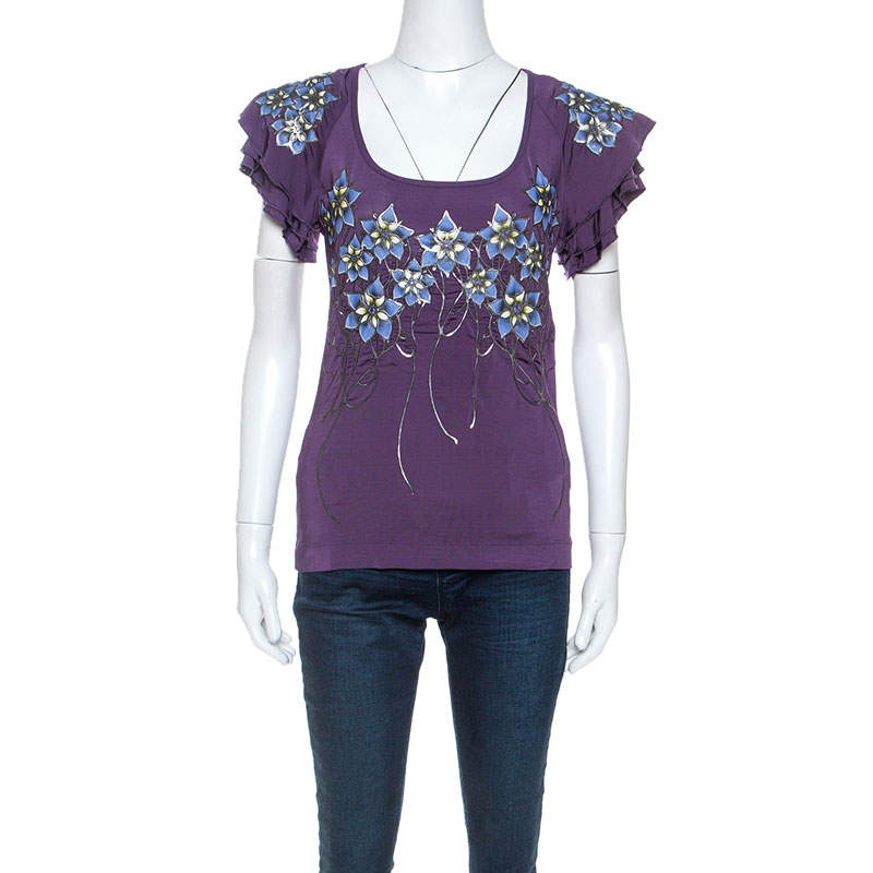 Just Cavalli Purple Stretch jersey Floral Embossed Detail Top M