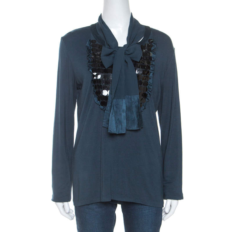 Pre Owned Just Cavalli Teal Sequin Detail Tie Neck Long Sleeve Top L