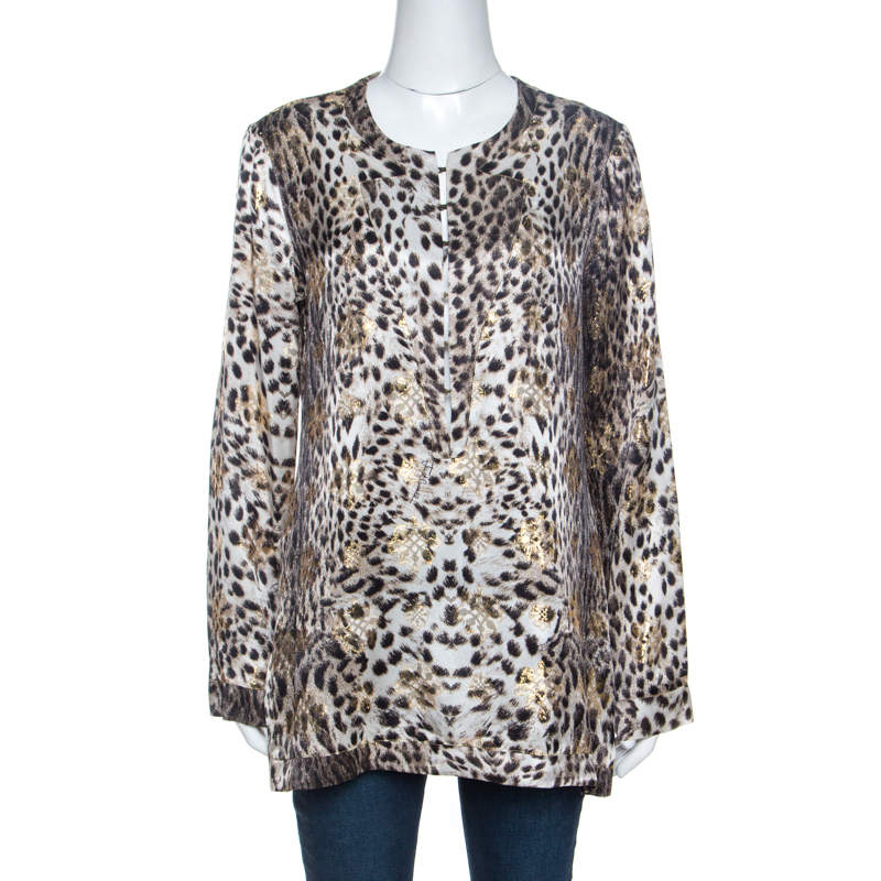 Pre Owned Just Cavalli Beige Leopard Print Silk Lurex Jacquard Detail Blouse M