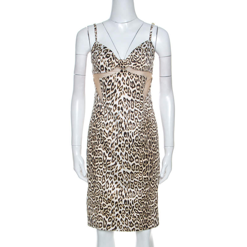 Pre Owned Just Cavalli Brown Leopard Print Mesh Insert Short Dress M
