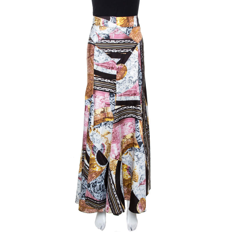 Just Cavalli Multicolor Printed Satin Flared Maxi Skirt M