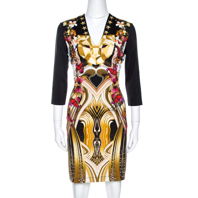 Just Cavalli Black Leo Butterfly Print Jersey Fitted Dress L