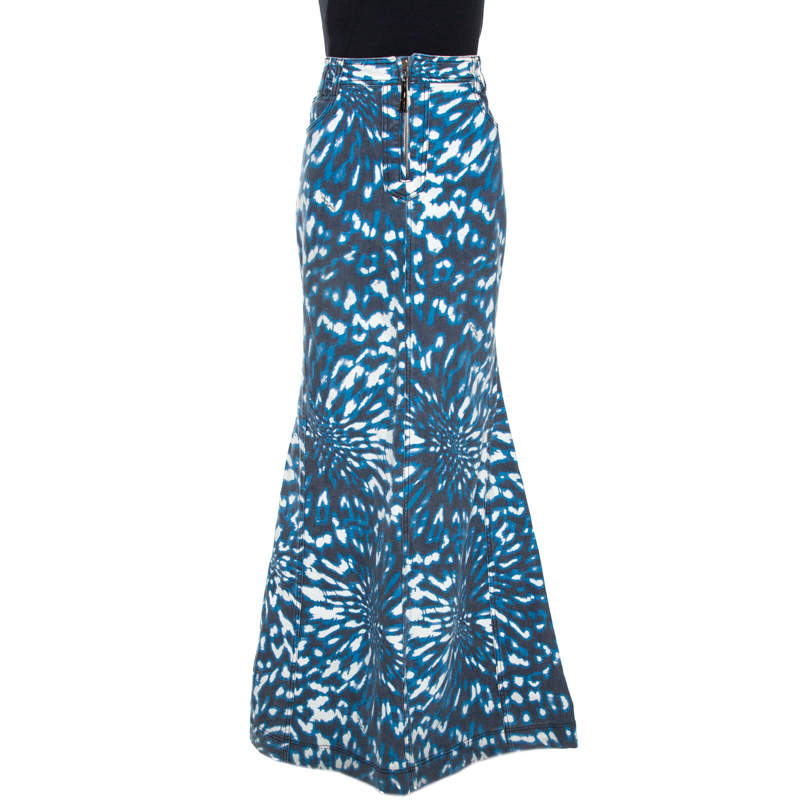 Just Cavalli Grey & Blue Abstract Print Denim Maxi Skirt L