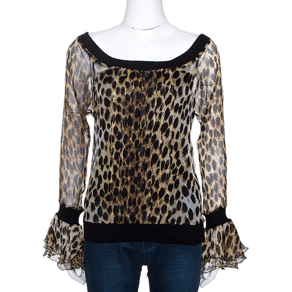 Just Cavalli Brown Leopard Printed Chiffon Rib Trim Detail Top M 