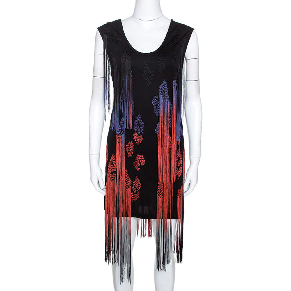 Pre Owned Just Cavalli Black Jersey Fringe Detail Shift Dress M