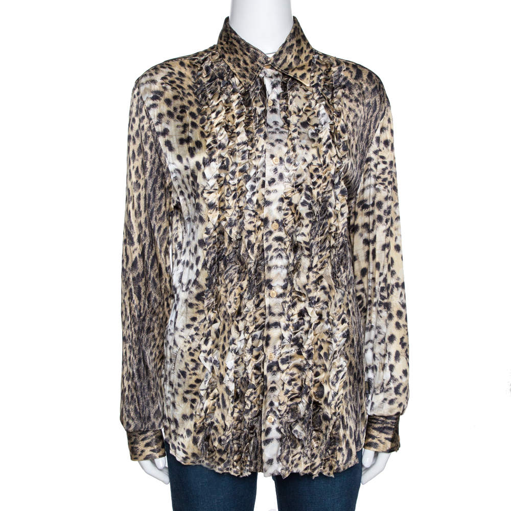 Pre Owned Just Cavalli Beige Animal Print Silk Ruffle Front Long Sleeve Shirt L