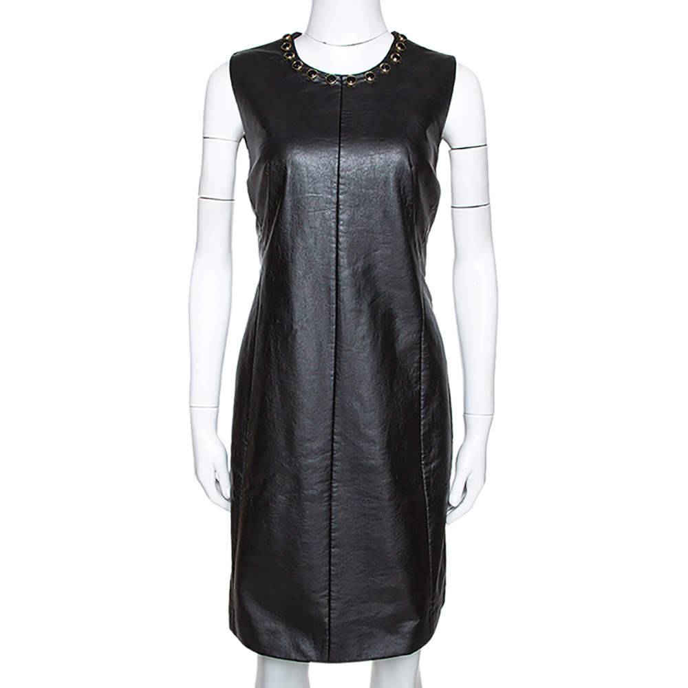 Pre Owned Just Cavalli Black Faux Leather Embellished Neck Dress L