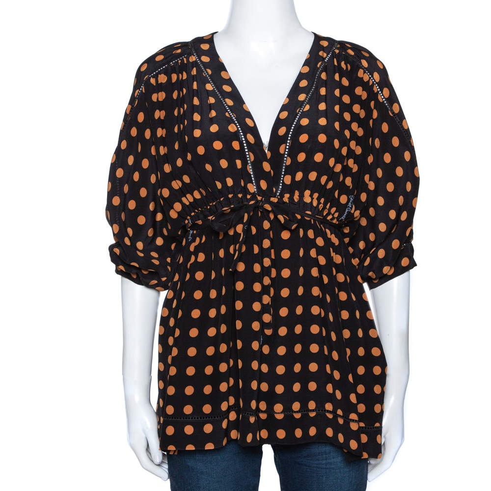 Pre Owned Just Cavalli Black & Yellow Polka Dot Print Silk V Neck Blouse S