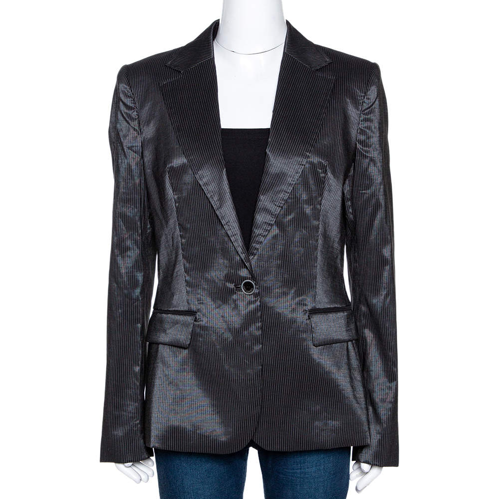 Pre Owned Just Cavalli Black Striped Cotton Ramie Blend Single Buttoned Blazer L