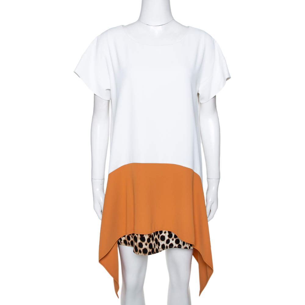 Pre Owned Just Cavalli White & Tan Colorblock Crepe Leopard Printed Trim Oversized Dress S 