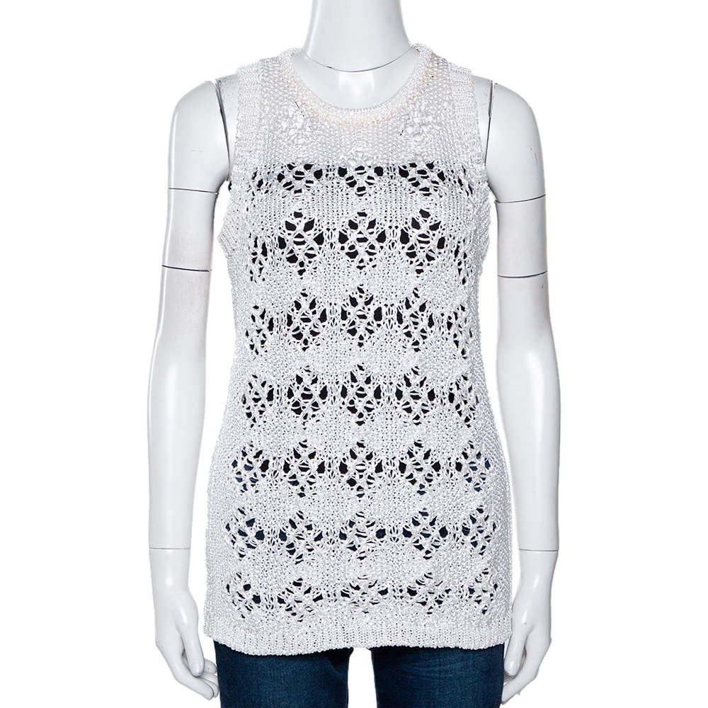 Pre Owned Just Cavalli White Cotton Open Crochet Knit Sleeveless Top M