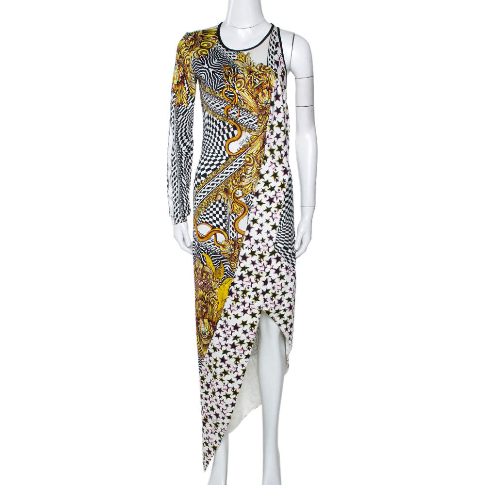 Pre Owned Just Cavalli White Printed Stretch Jersey Asymmetrical Dress S