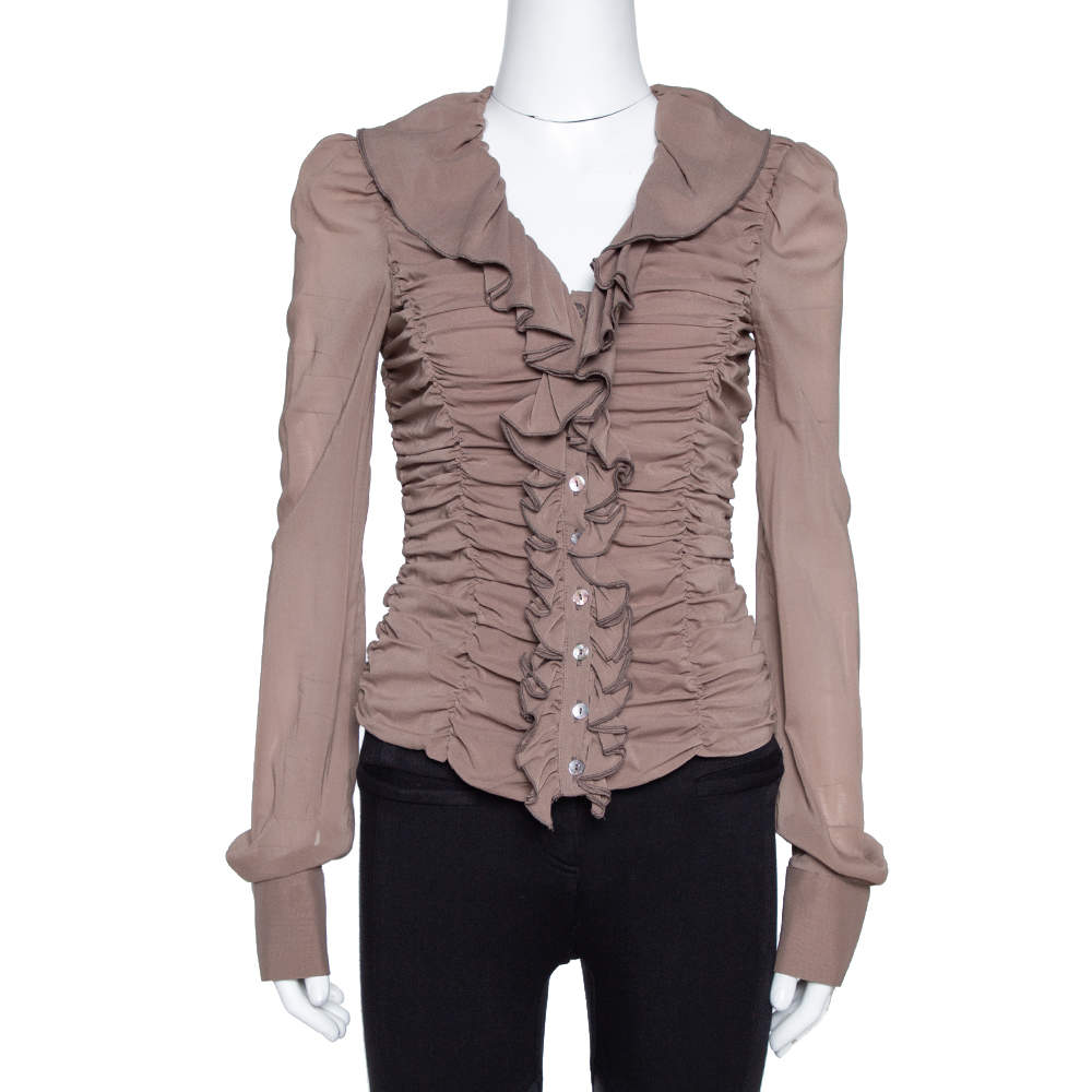 Pre Owned Just Cavalli Brown Stretch Silk Ruffled Blouse M