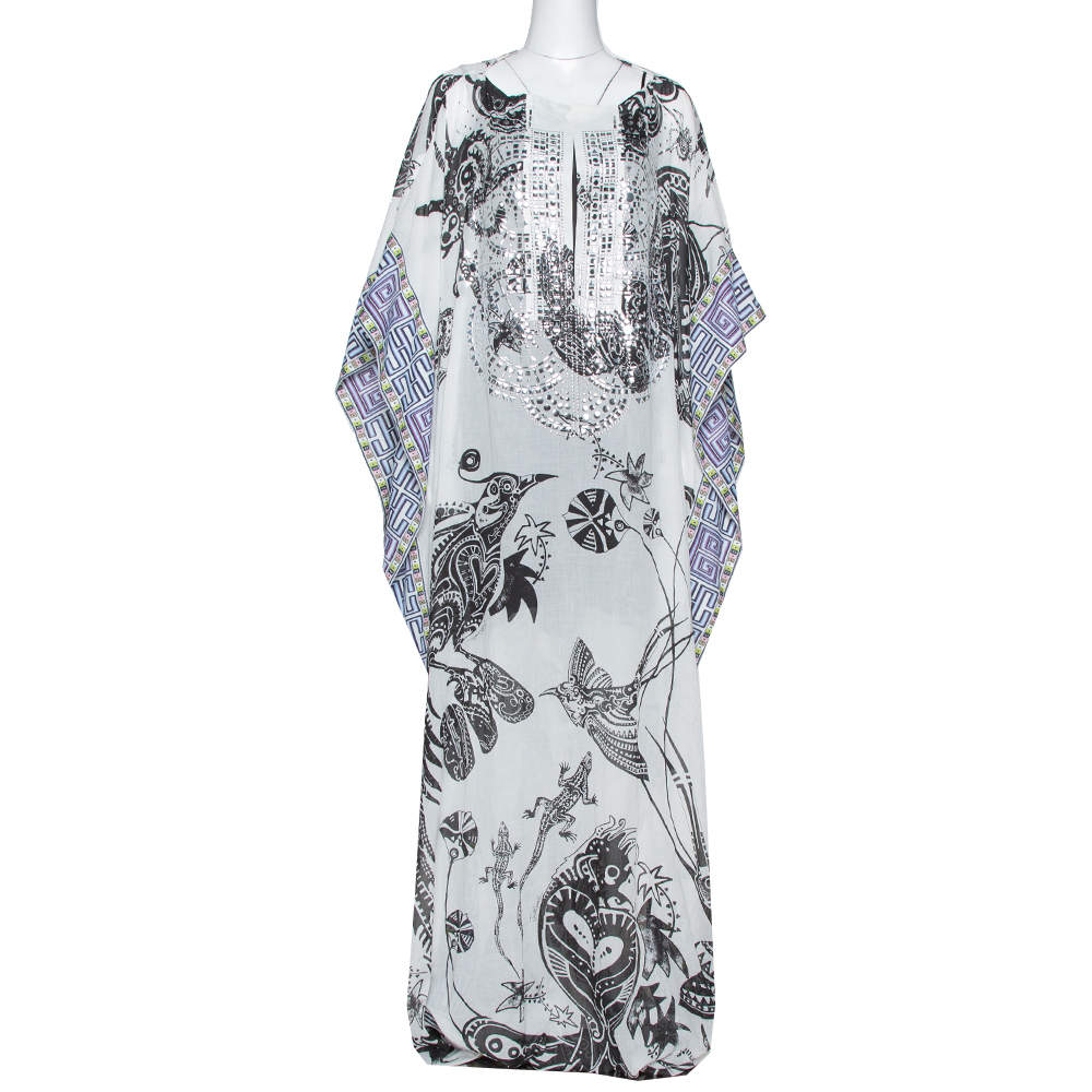 Pre Owned Just Cavalli White Printed Cotton Embellished Oversized Cover Up S