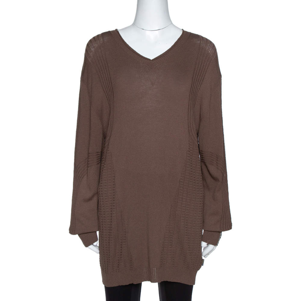 Pre Owned Just Cavalli Brown Rib Knit Sleeve Detail Jumper XXXL