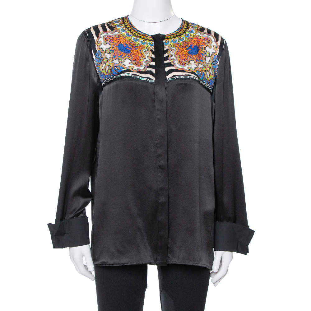 Pre Owned Just Cavalli Black Silk Printed Yoke Detail Long Sleeve Top M