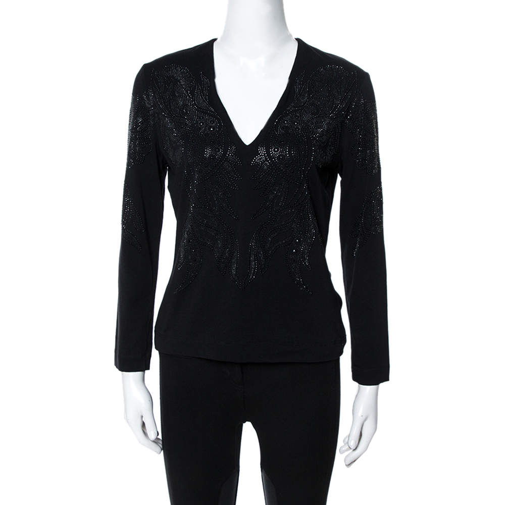 Pre Owned Just Cavalli Black Crystal Embellished Long Sleeve Top L