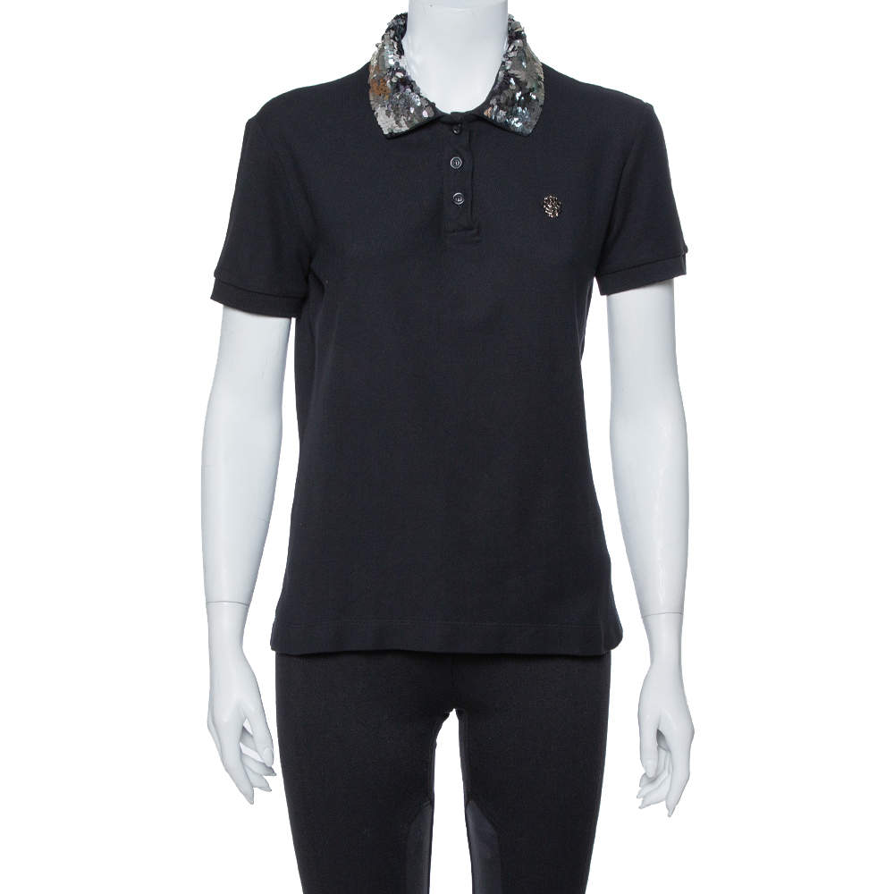 Just Cavalli Black Cotton Sequin Embellished Collar Detail Polo T Shirt M