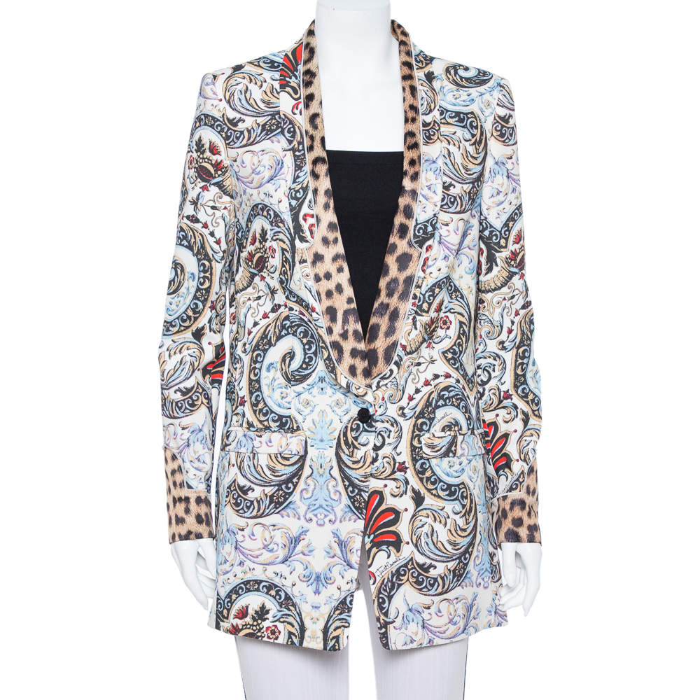 Pre Owned Just Cavalli Cream Baroque & Animal Printed Crepe Blazer M