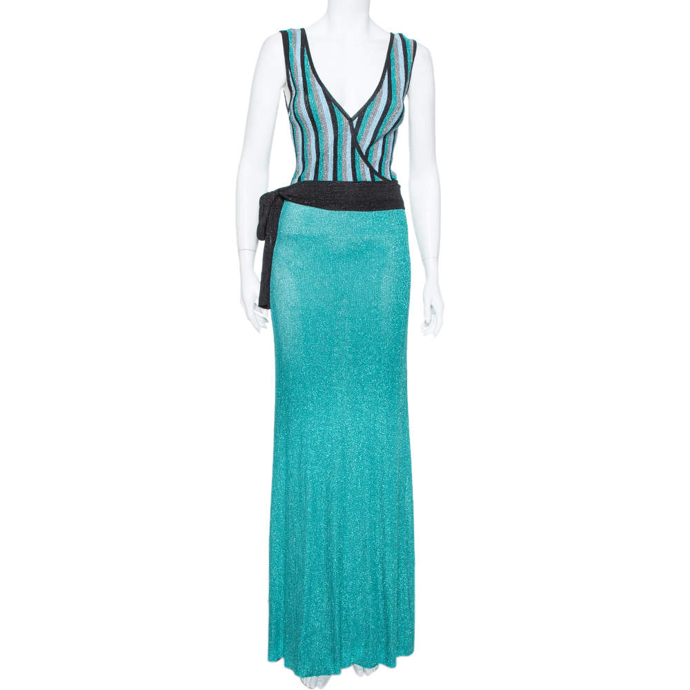 Pre Owned Just Cavalli Sea Blue Lurex Knit Contrast Striped Belted Maxi Dress M