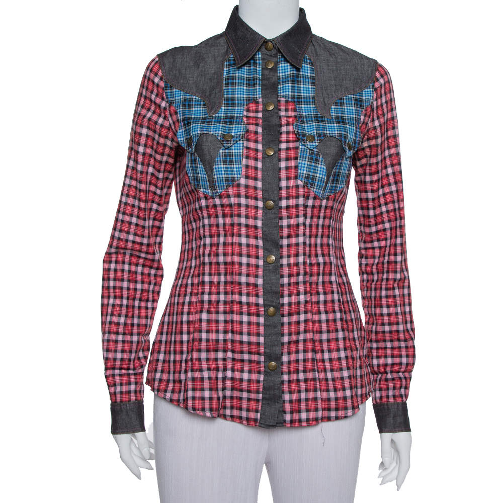 قميص جست كالفالي رقعات جيب و ياقة غير متبانية اللون أسود و أحمر مقاس صغير (سمول)
