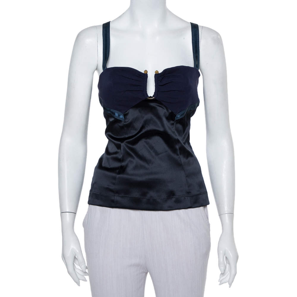 Pre Owned Just Cavalli Navy Blue Satin Halter Neck Crop Top S