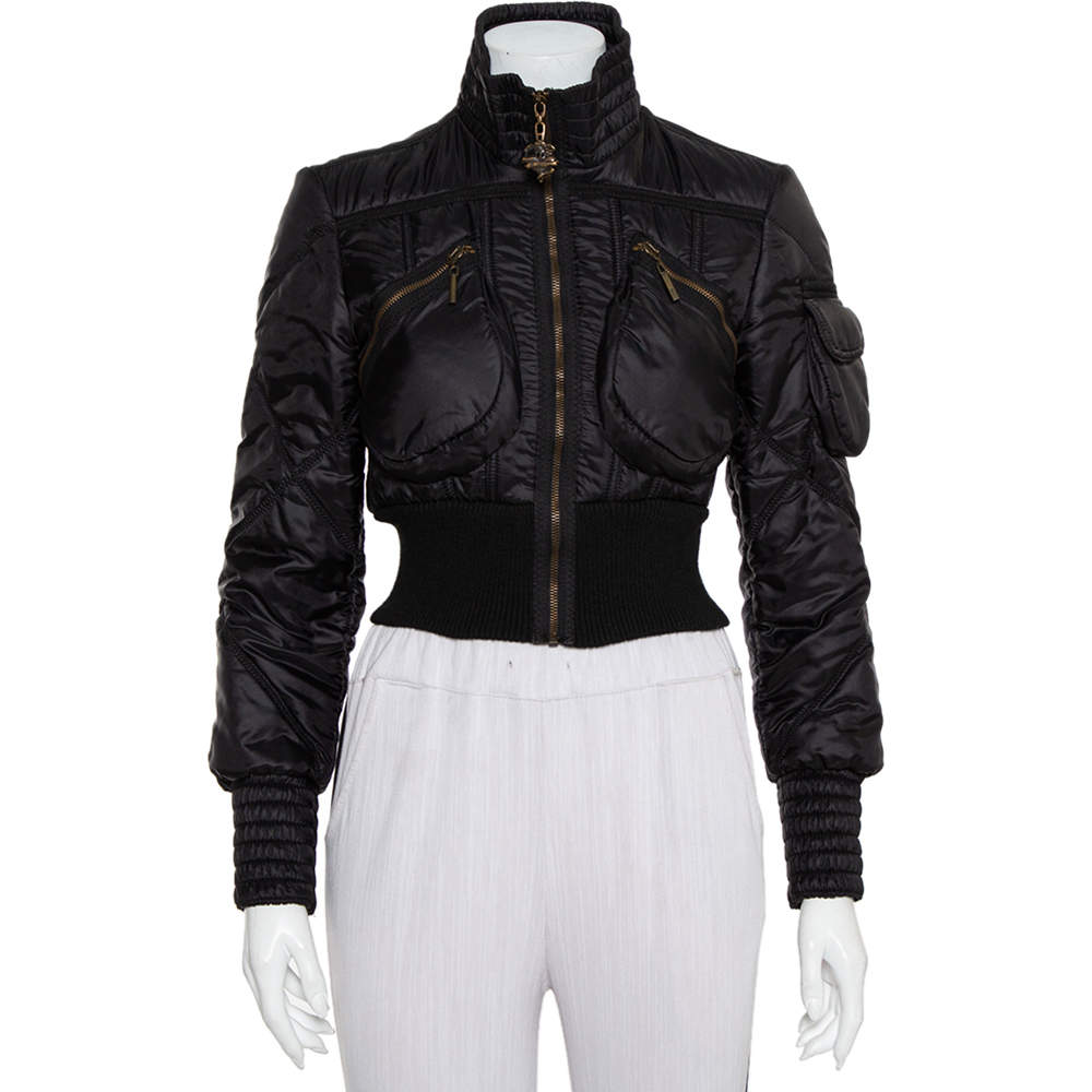 Just Cavalli Black Synthetic Quilted Cropped Bomber Jacket M