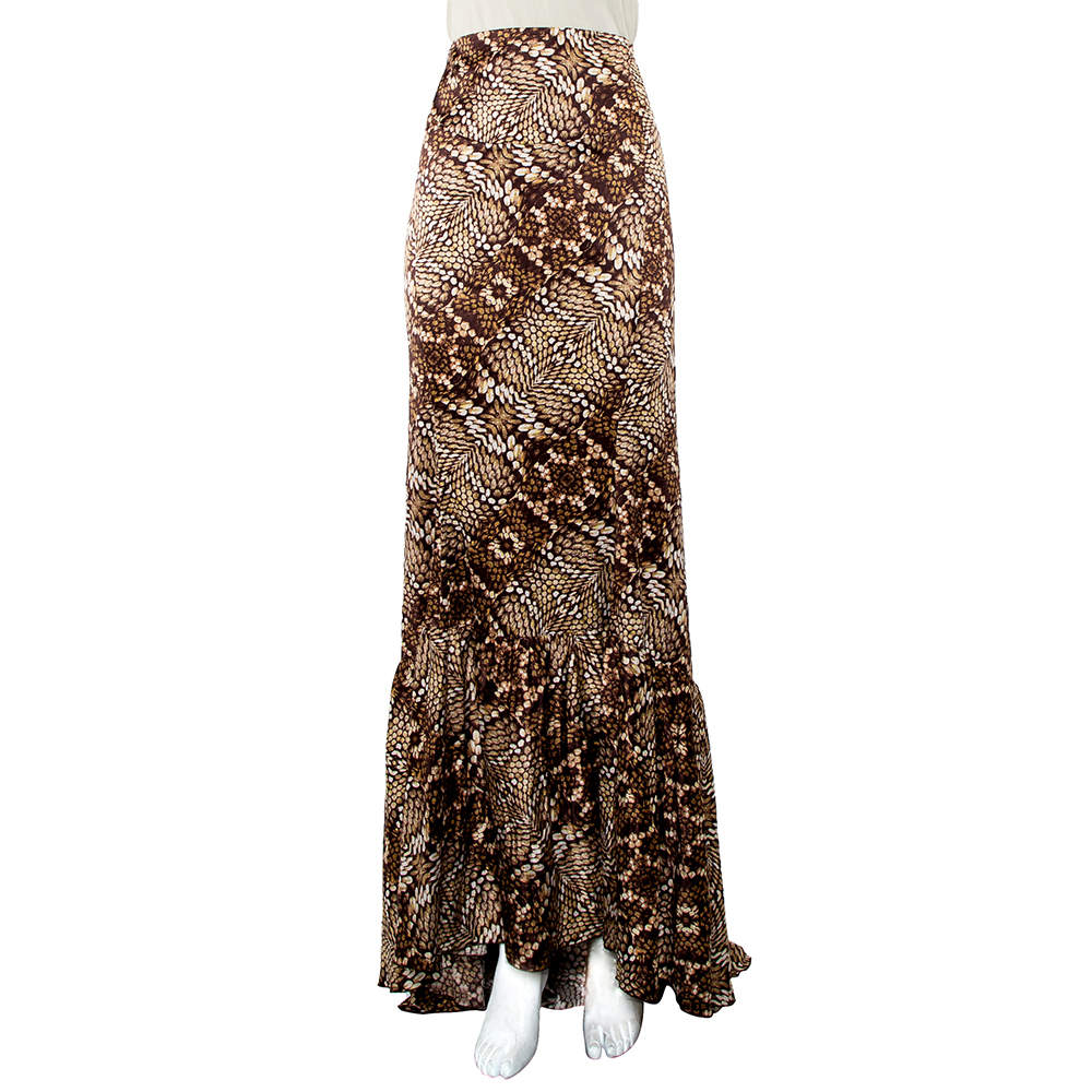 Just Cavalli Brown Snake Print Silk Satin Flared Asymmetrical Hem Maxi Skirt L