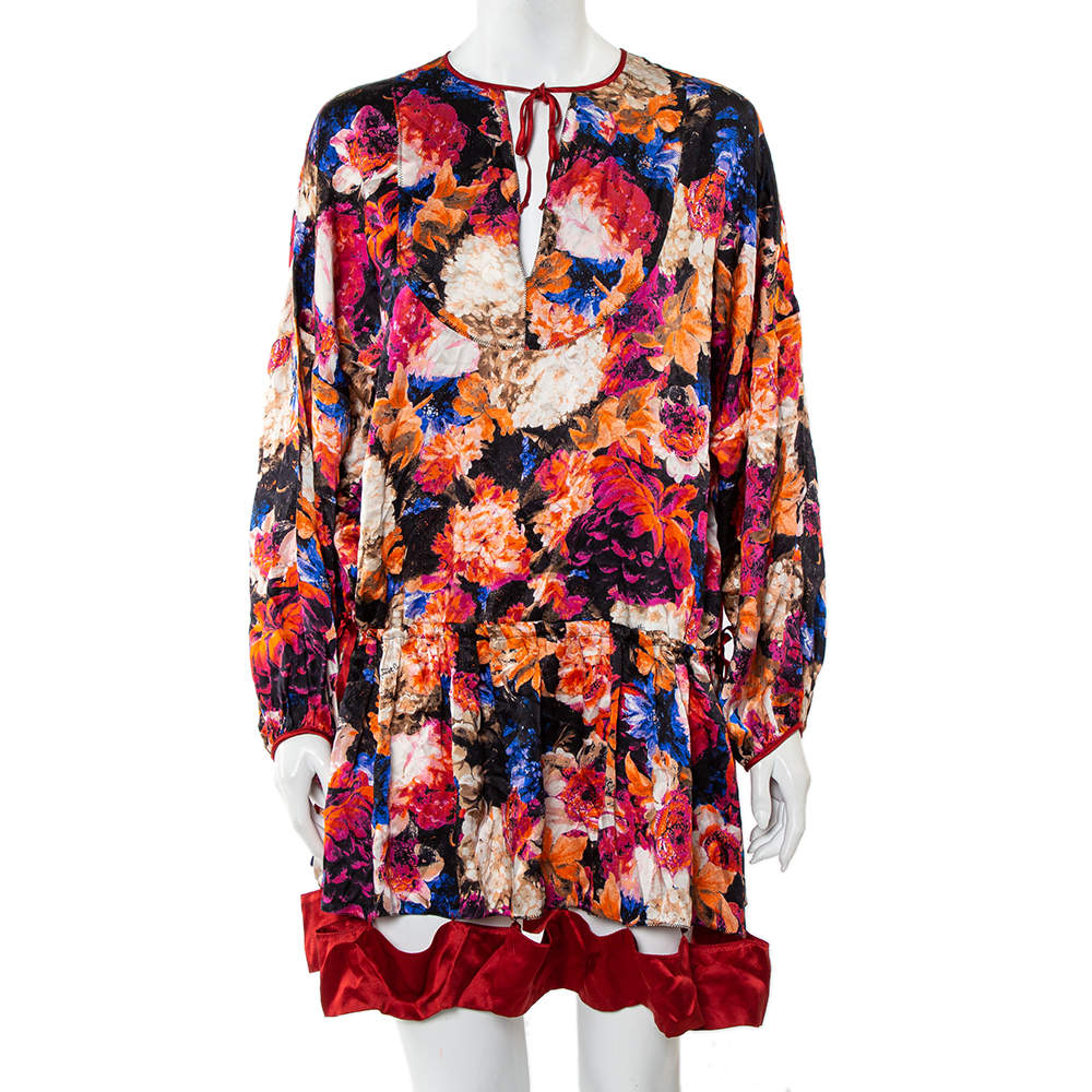 Pre Owned Just Cavalli Multicolor Silk Satin Cutout Hem Detail Oversized Mini Dress M