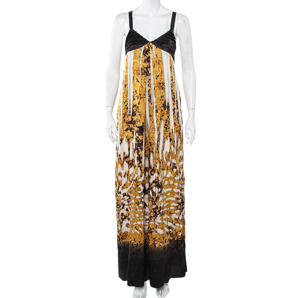 Pre Owned Just Cavalli Black & Gold Printed Silk Glittered Open Back Maxi Dress M