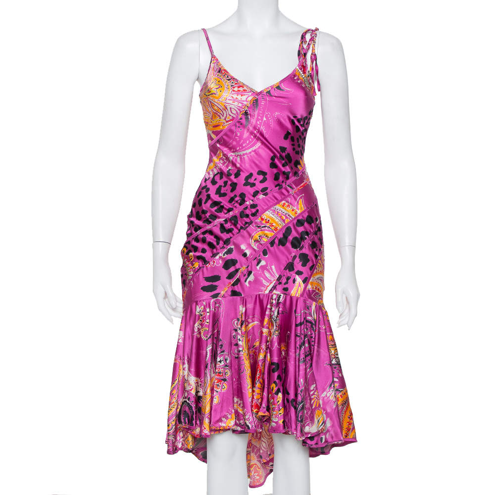 Pre Owned Just Cavalli Pink Printed Silk Ruffled Hem Sleeveless Midi Dress S