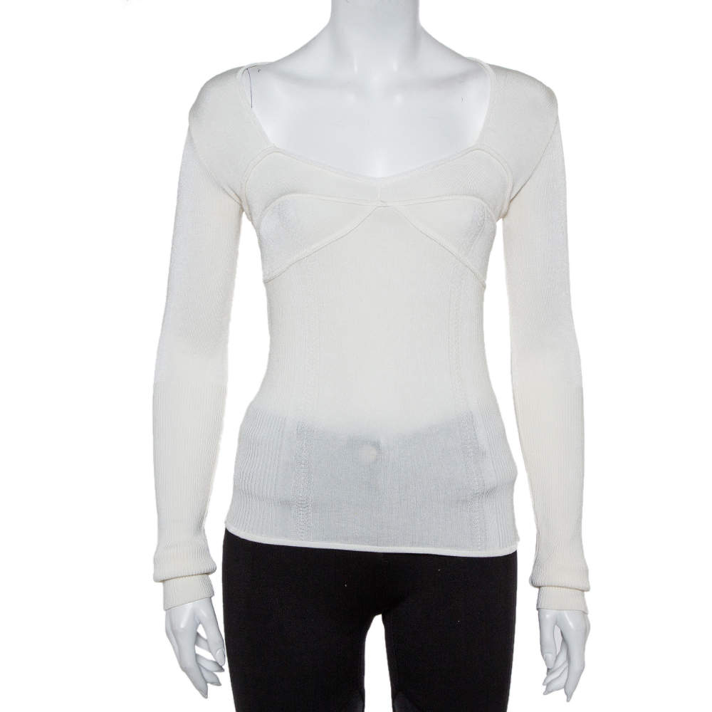 Pre Owned Just Cavalli Cream Rib Knit Long Sleeve Fitted Top M