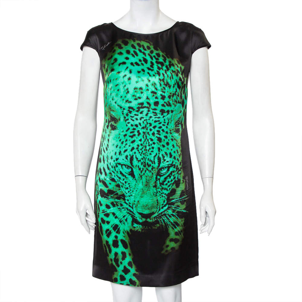 مملوكة مسبقًا Just Cavalli Black Tiger Printed Silk Mini Dress S