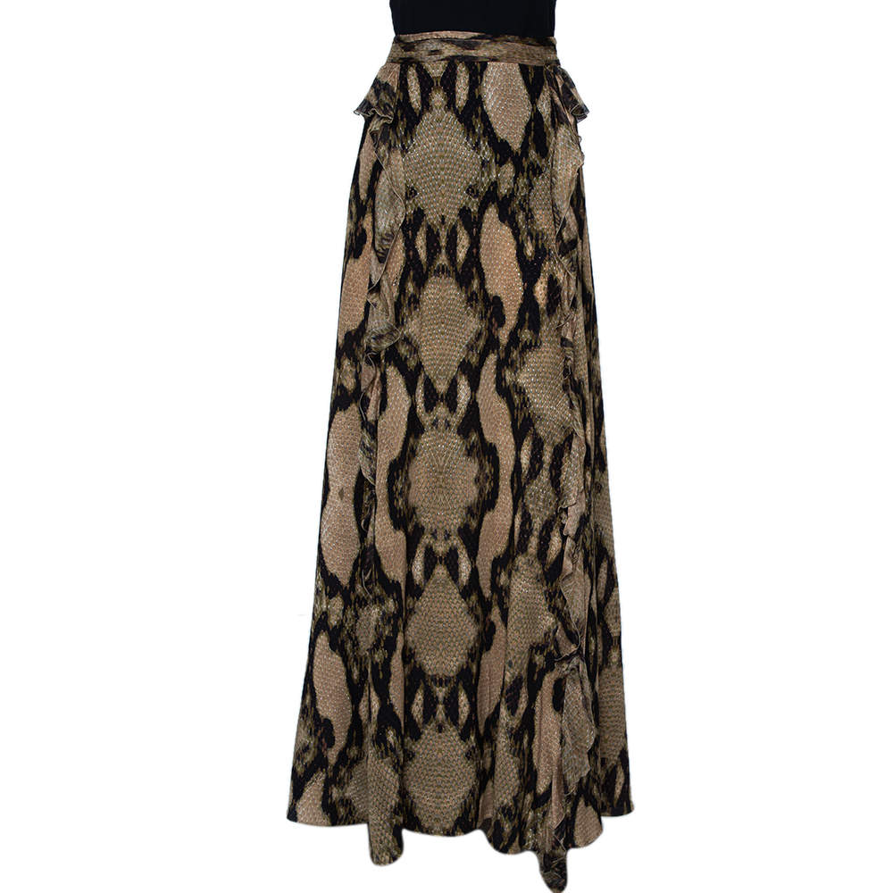 مملوكة مسبقًا Just Cavalli Multicolor Snakeskin Printed Silk Ruffled Maxi Skirt L