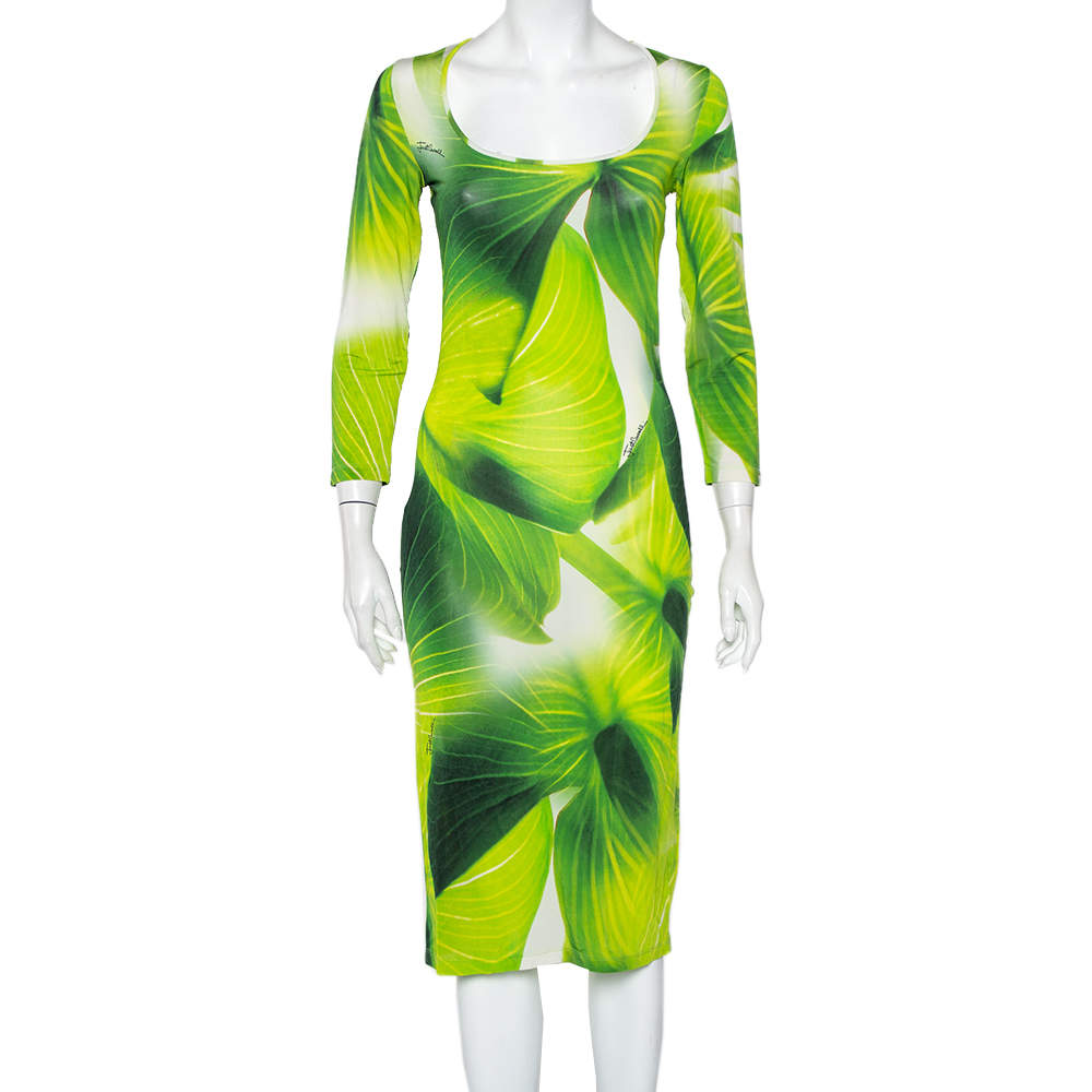 Pre Owned Just Cavalli Green Leaf Printed Knit Scoop Neck Sheath Dress M