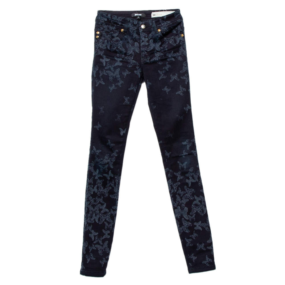 Pre Owned Just Cavalli Just Luxury Navy Blue Butterfly Printed Denim Skinny Leg Jeans S