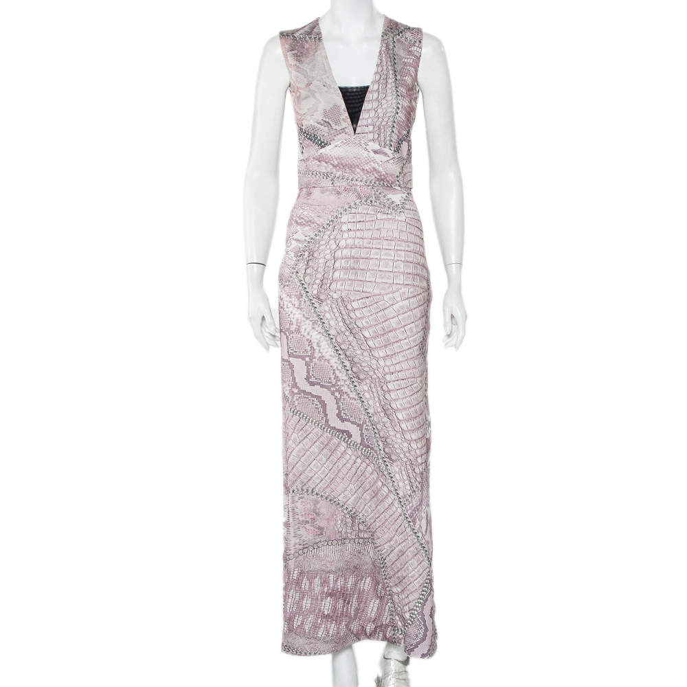 Pre Owned Just Cavalli Pink Cracking Beauty Printed Knit Sleeveless Maxi Dress S