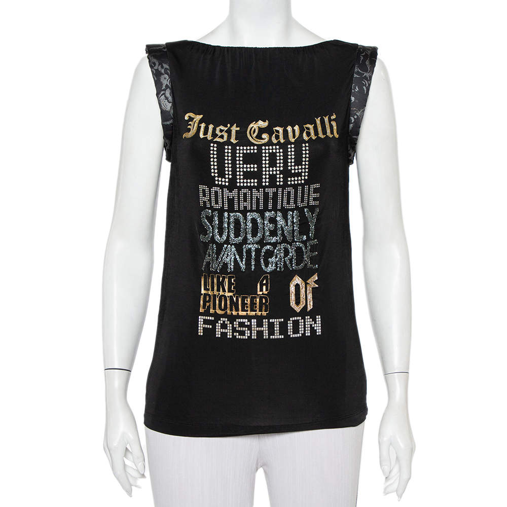 Pre Owned Just Cavalli Black Printed Jersey Puffed Armhole Detail T-Shirt S